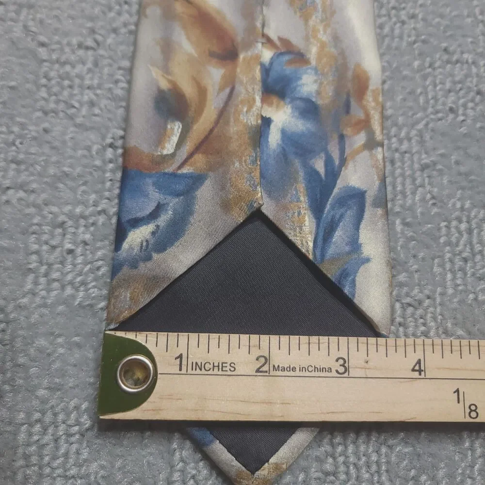 VTG Barrington Men's Tie 100% Silk Blue Gold Brown Floral Necktie